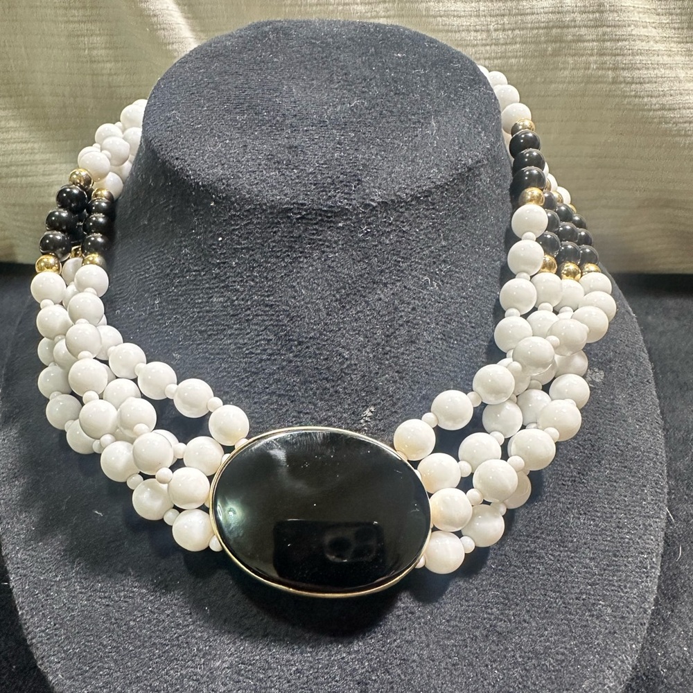 Vtg: Signed GAY BOYER White & Black Glass Multi-Strand Collar Necklace